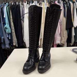 Black leather Lace-Up Tall Boots